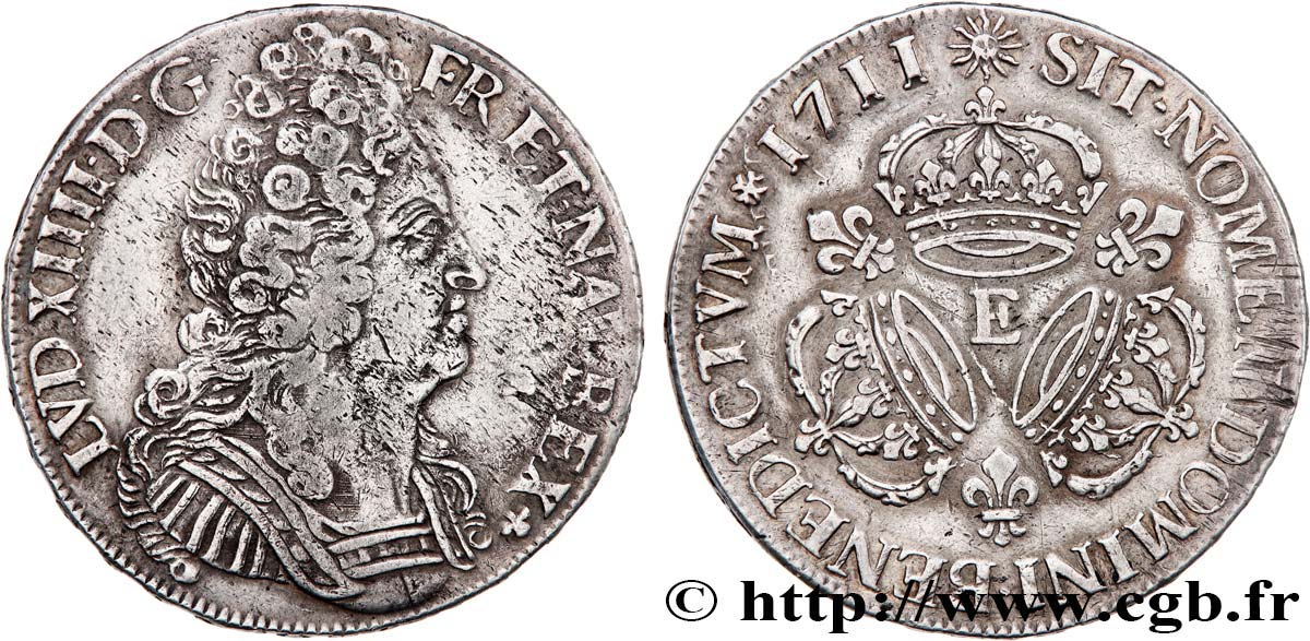 LOUIS XIV  THE SUN KING  Écu aux trois couronnes 1711 Tours XF/AU