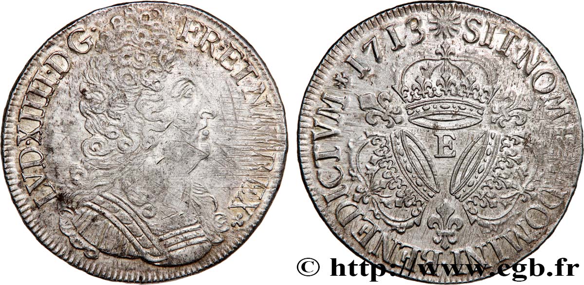 LOUIS XIV  THE SUN KING  Écu aux trois couronnes 1713 Tours q.SPL/SPL