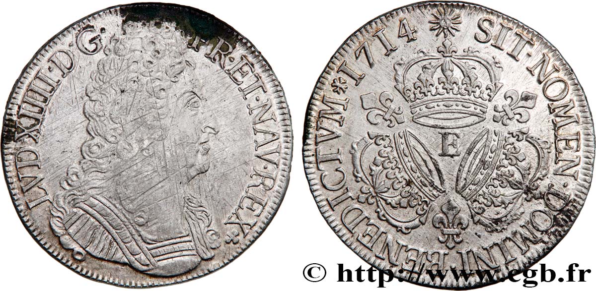 LOUIS XIV  THE SUN KING  Écu aux trois couronnes 1714 Tours AU/AU