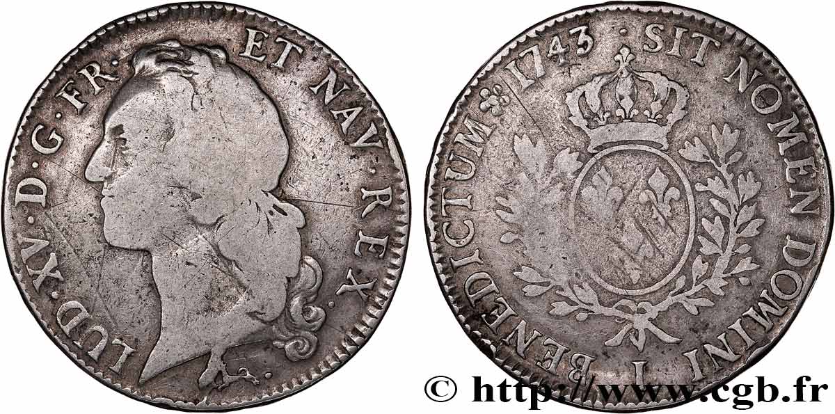 LOUIS XV DIT LE BIEN AIMÉ Écu aux branches d’olivier, tête ceinte d’un bandeau 1743 Bayonne TB+