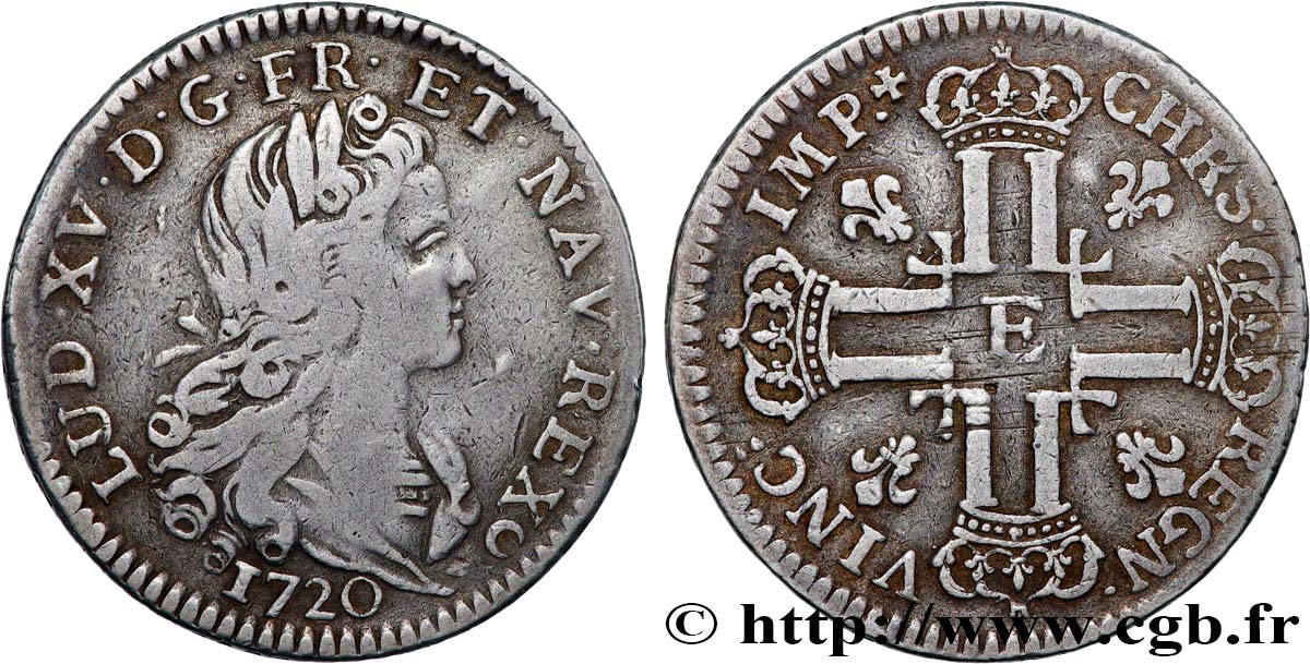 LOUIS XV  THE WELL-BELOVED  Louis d’argent à la croix aux huit L couronnées 1720 Tours VF/XF