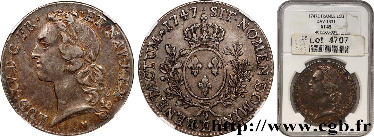 LOUIS XV THE BELOVED Écu aux branches d’olivier, tête ceinte d’un bandeau 1747 Tours XF45