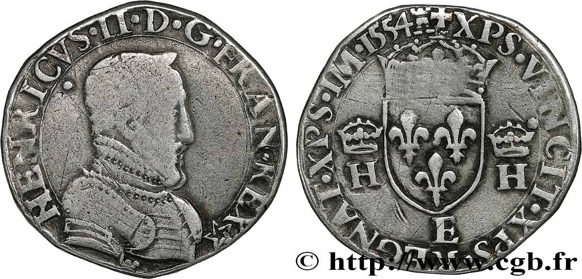 HENRY II Demi-teston à la tête nue, 1er type 1554 Tours VF