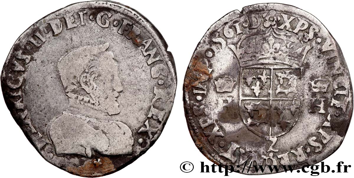 CHARLES IX. COINAGE AT THE NAME OF HENRY II Teston du Dauphiné à la tête nue 1561 Grenoble BC+
