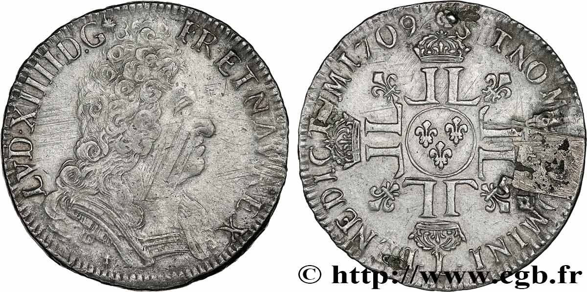 LOUIS XIV  THE SUN KING  Écu aux huit L, au buste cuirassé et tête nue 1709 Bayonne XF