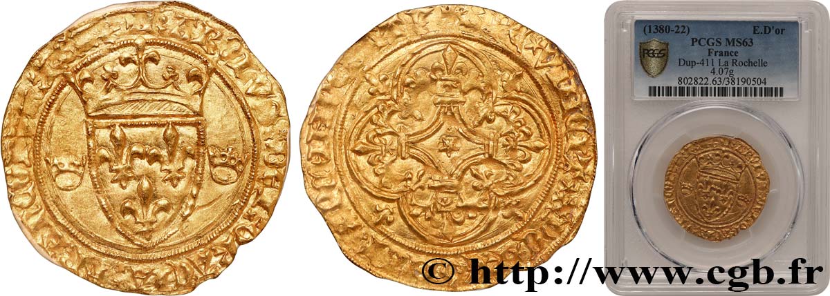 CHARLES, REGENCY - COINAGE WITH THE NAME OF CHARLES VI Écu d or, 1er type n.d. Fontenay-le-Comte MS63