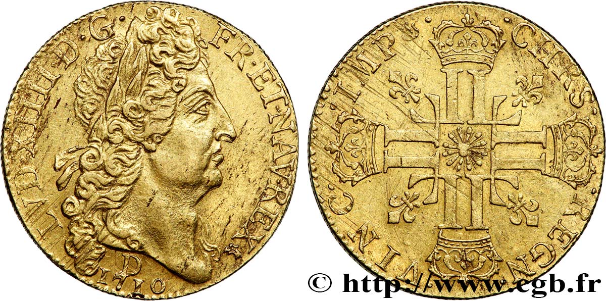 LOUIS XIV  THE SUN KING  Double louis d or au soleil 1710 Lyon AU