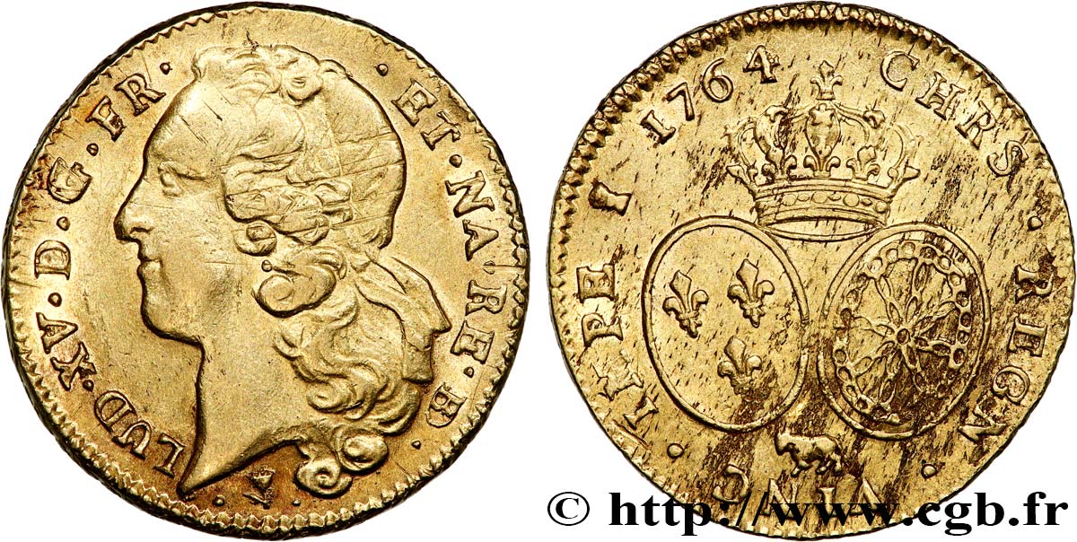 LOUIS XV THE BELOVED Double louis d’or aux écus ovales, tête ceinte d’un bandeau 1764 Pau AU/AU