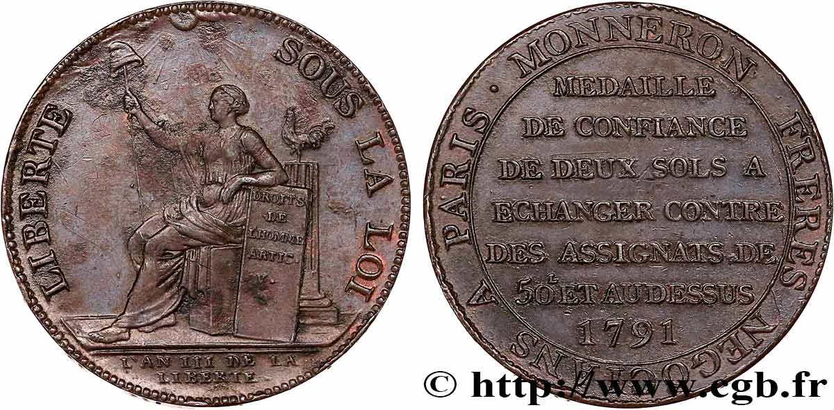 REVOLUTION COINAGE / CONFIANCE (MONNAIES DE…) Monneron de 2 sols à la Liberté 1791 Birmingham, Soho AU