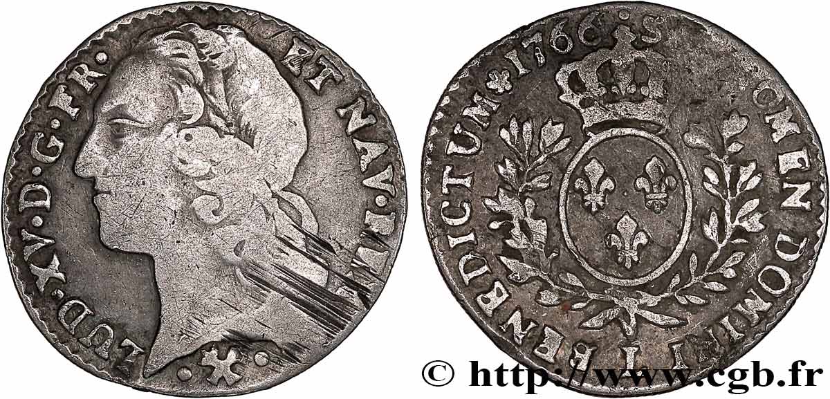 LOUIS XV DIT LE BIEN AIMÉ Dixième d écu aux branches d’olivier, tête ceinte d’un bandeau 1766 Bayonne TB+