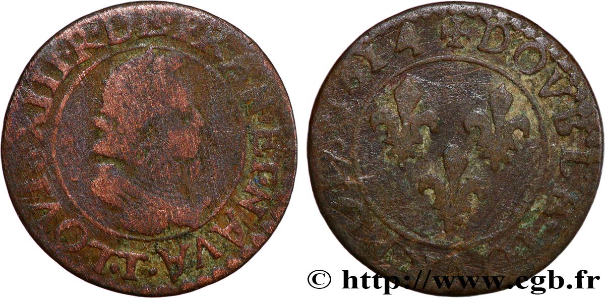 LOUIS XIII LE JUSTE Double tournois, type 2 1614 Nantes B+