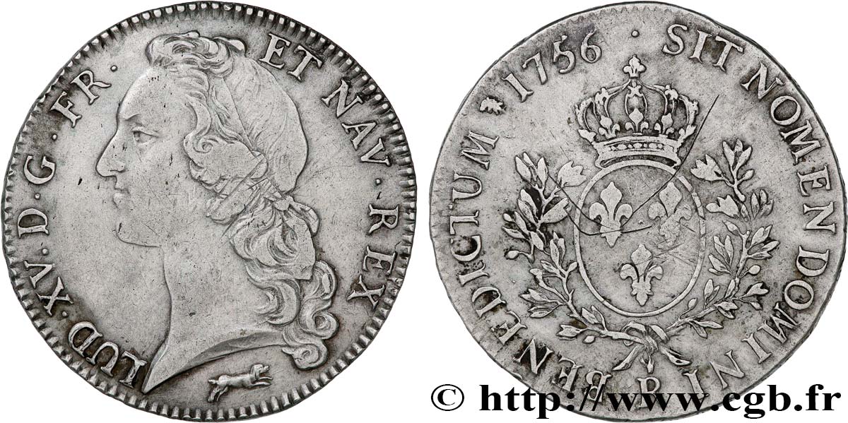 LOUIS XV  THE WELL-BELOVED  Écu aux branches d’olivier, tête ceinte d’un bandeau 1756 Orléans XF