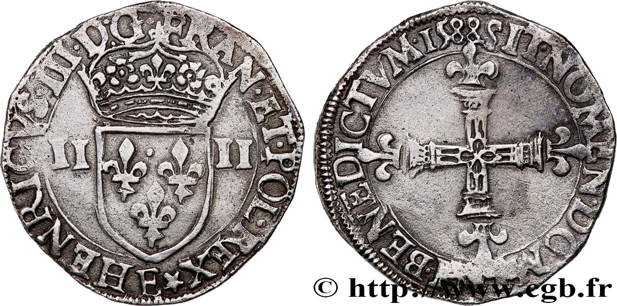 HENRI III Quart d écu, écu de face 1588 Tours TTB/TB