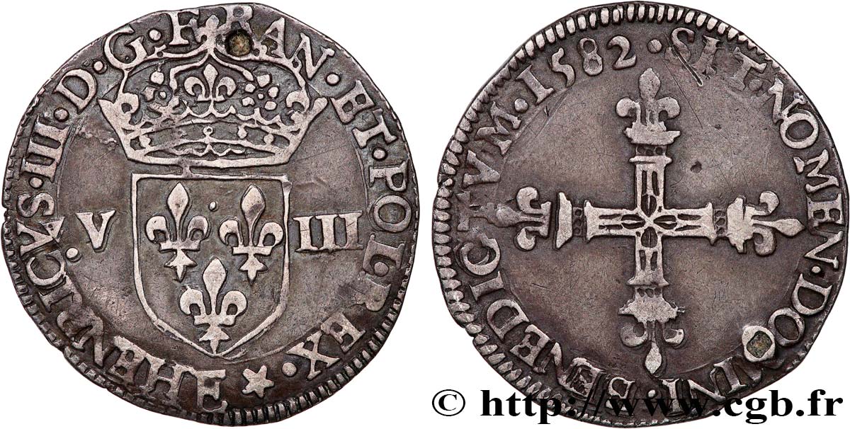 HENRI III Huitième d écu, écu de face 1582 Tours TTB