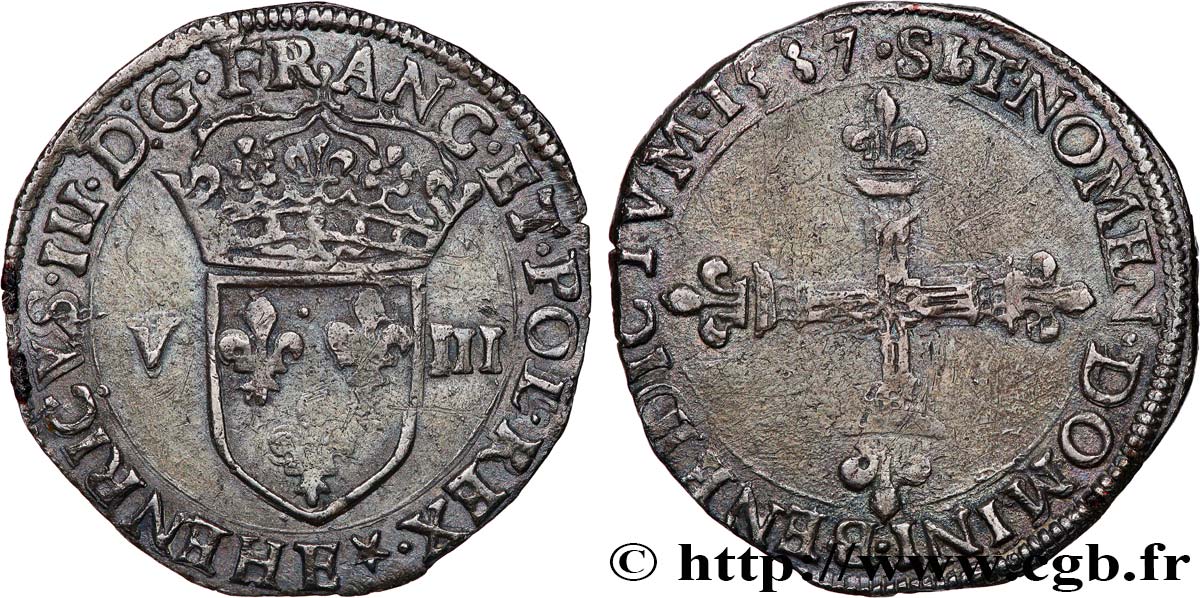 HENRI III Huitième d écu, écu de face 1587 Tours TTB