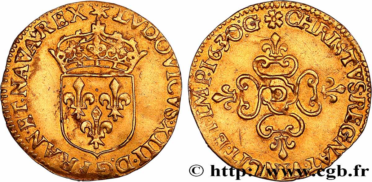 LOUIS XIII LE JUSTE Écu d or au soleil, à la croix anillée fleurdelisée 1630 Lyon TTB