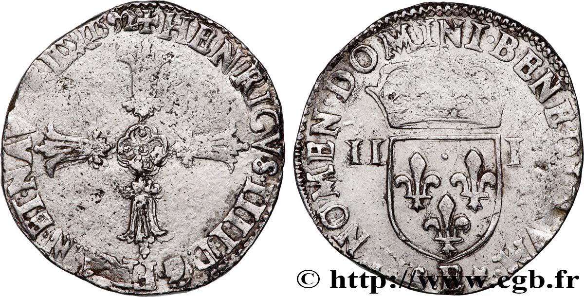HENRY IV Quart d écu, écu de face, 2e type 1592 Tours VF/VF