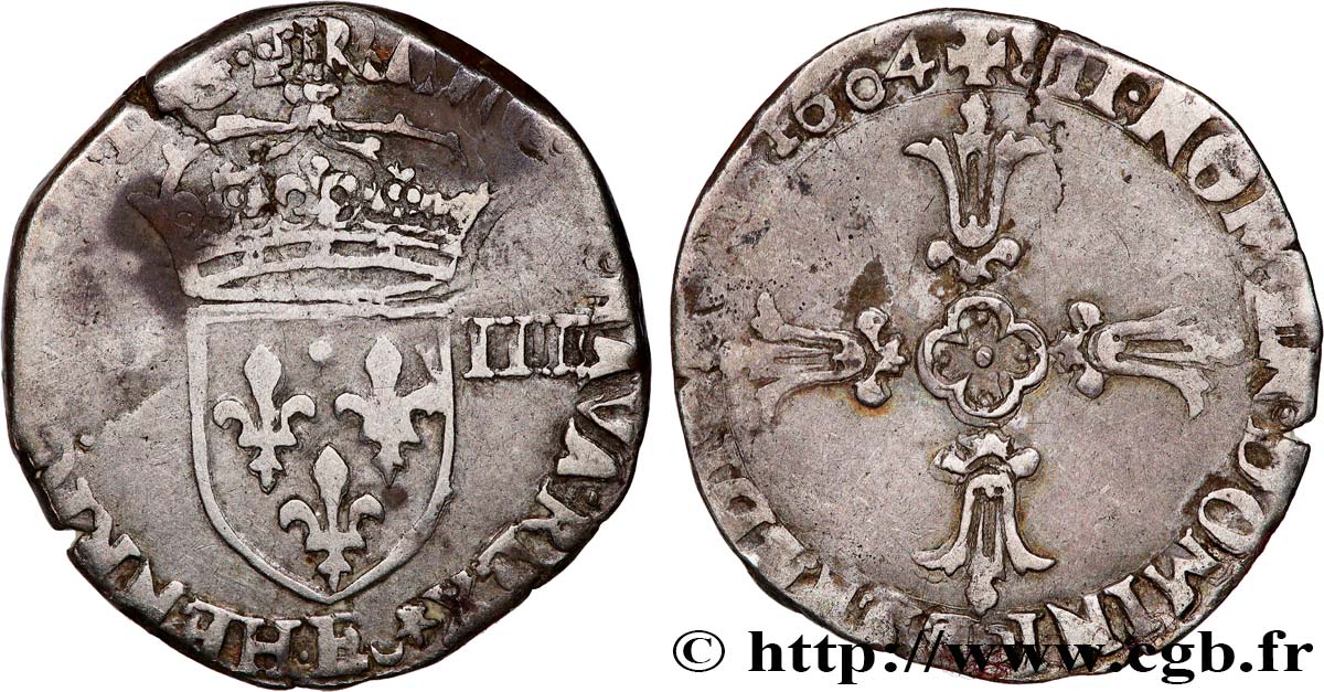 HENRY IV Huitième d écu, écu de face, 2e type 1604 Tours q.BB