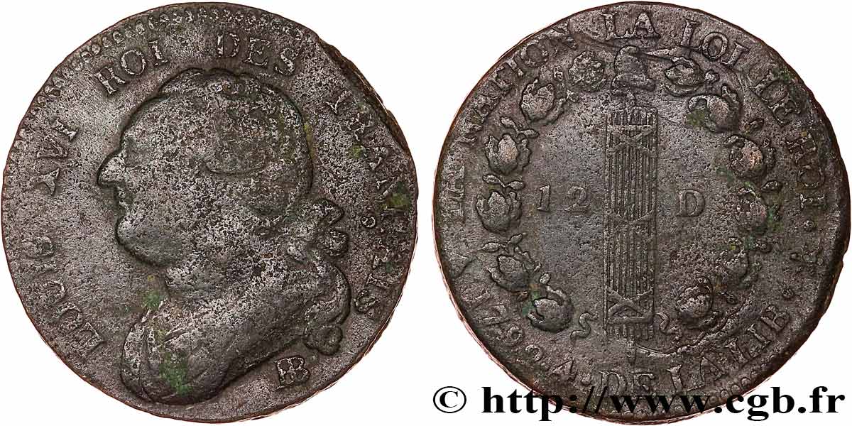 LOUIS XVI (MONARQUE CONSTITUTIONNEL) 12 deniers dit au faisceau , type FRANÇAIS 1792 Strasbourg TB