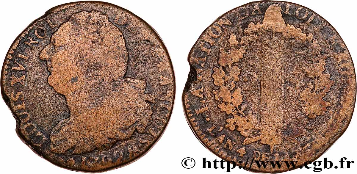 LOUIS XVI (MONARQUE CONSTITUTIONNEL) 2 sols dit au faisceau , type FRANÇOIS 1792 Metz TB