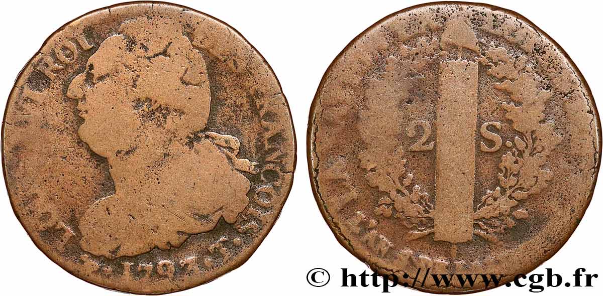 LOUIS XVI (MONARQUE CONSTITUTIONNEL) 2 sols dit au faisceau , type FRANÇOIS 1793 Nantes B+