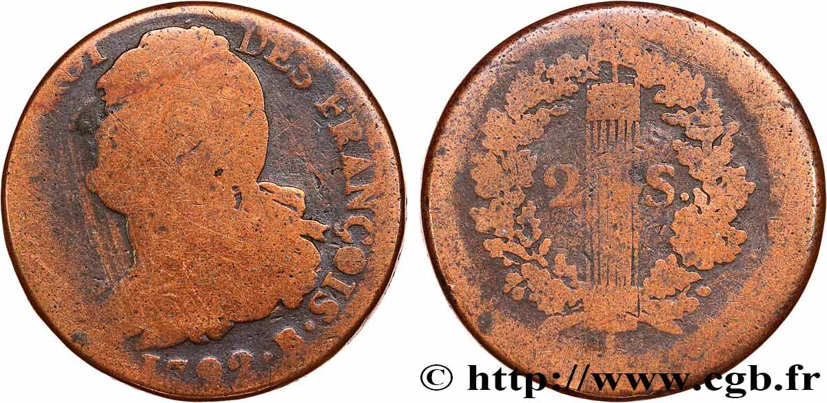 LOUIS XVI 2 sols dit au faisceau , type FRANÇOIS 1792 Rouen RC+