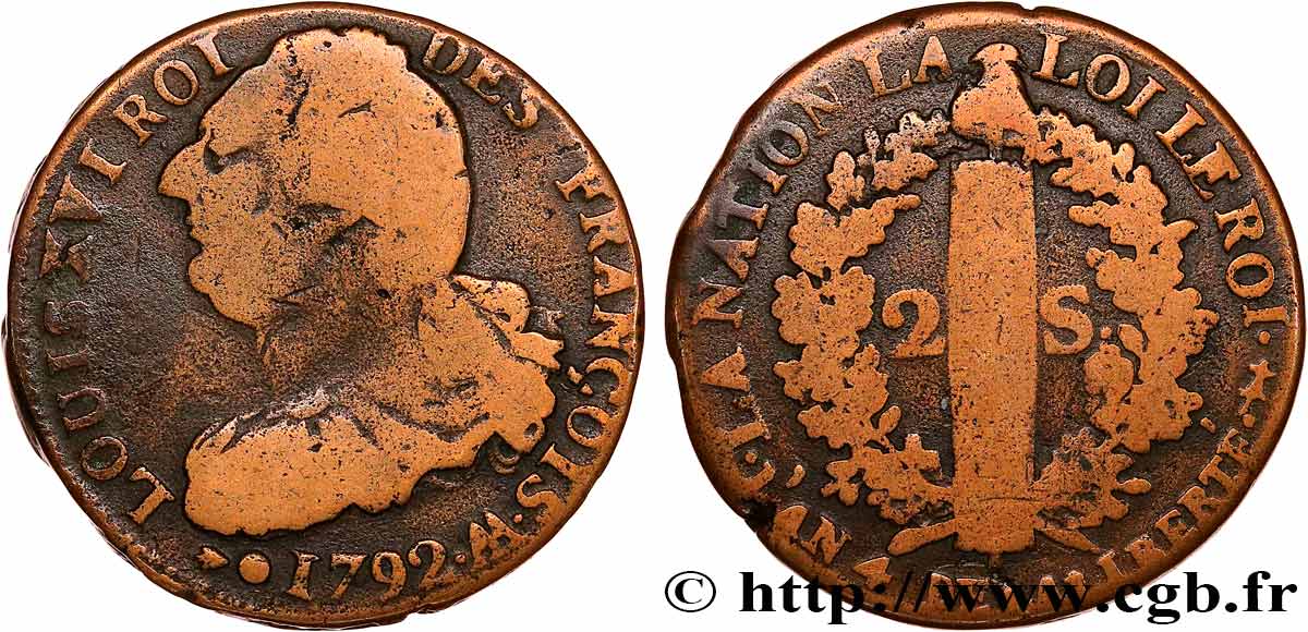 LOUIS XVI (MONARQUE CONSTITUTIONNEL) 2 sols dit au faisceau , type FRANÇOIS 1792 Metz TB+