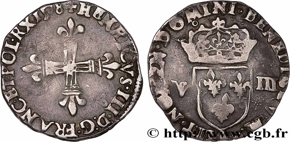 HENRY III Huitième d écu, croix de face 1578 Rennes q.BB