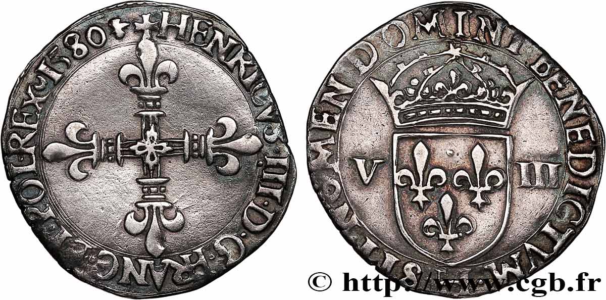 HENRY III Huitième d écu, croix de face 1580 La Rochelle XF