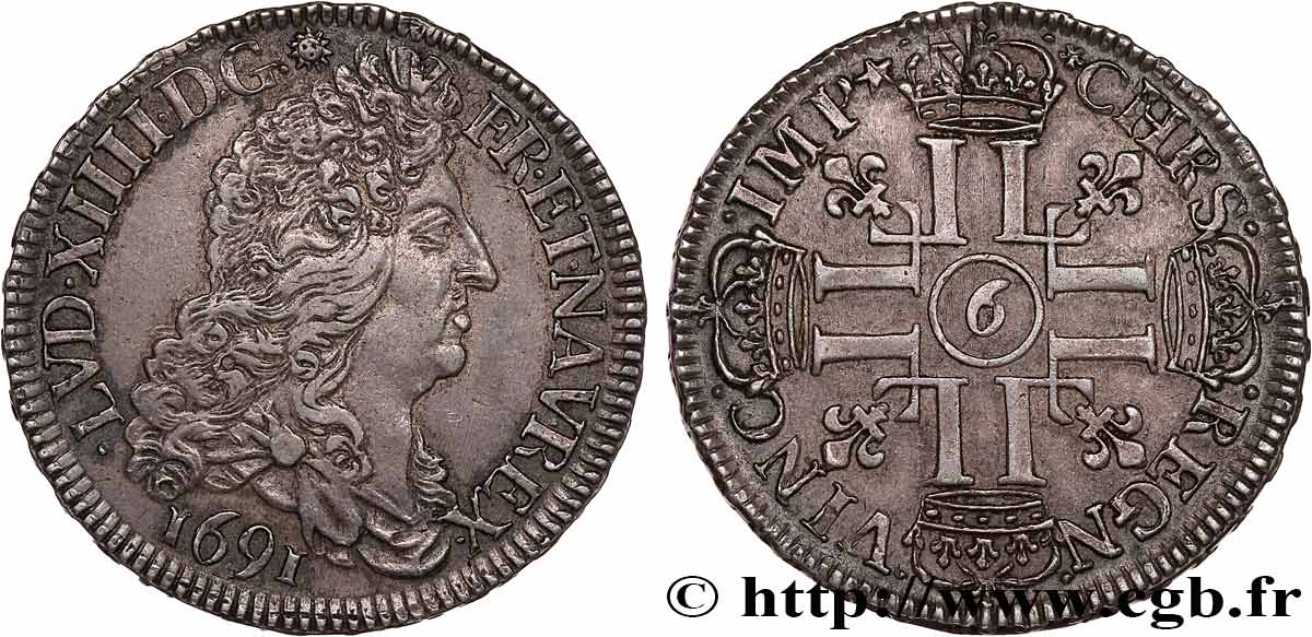 LOUIS XIV  THE SUN KING  Demi-écu aux huit L, 1er type 1691 Rennes VZ