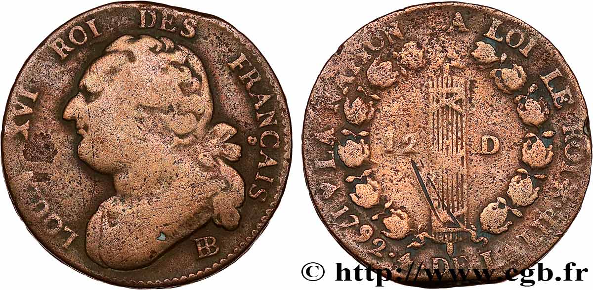 LOUIS XVI (MONARQUE CONSTITUTIONNEL) 12 deniers dit au faisceau , type FRANÇAIS 1792 Strasbourg TB+