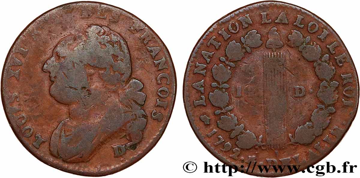 LOUIS XVI (MONARQUE CONSTITUTIONNEL) 12 deniers dit au faisceau , type FRANCOIS 1792 Dijon TB