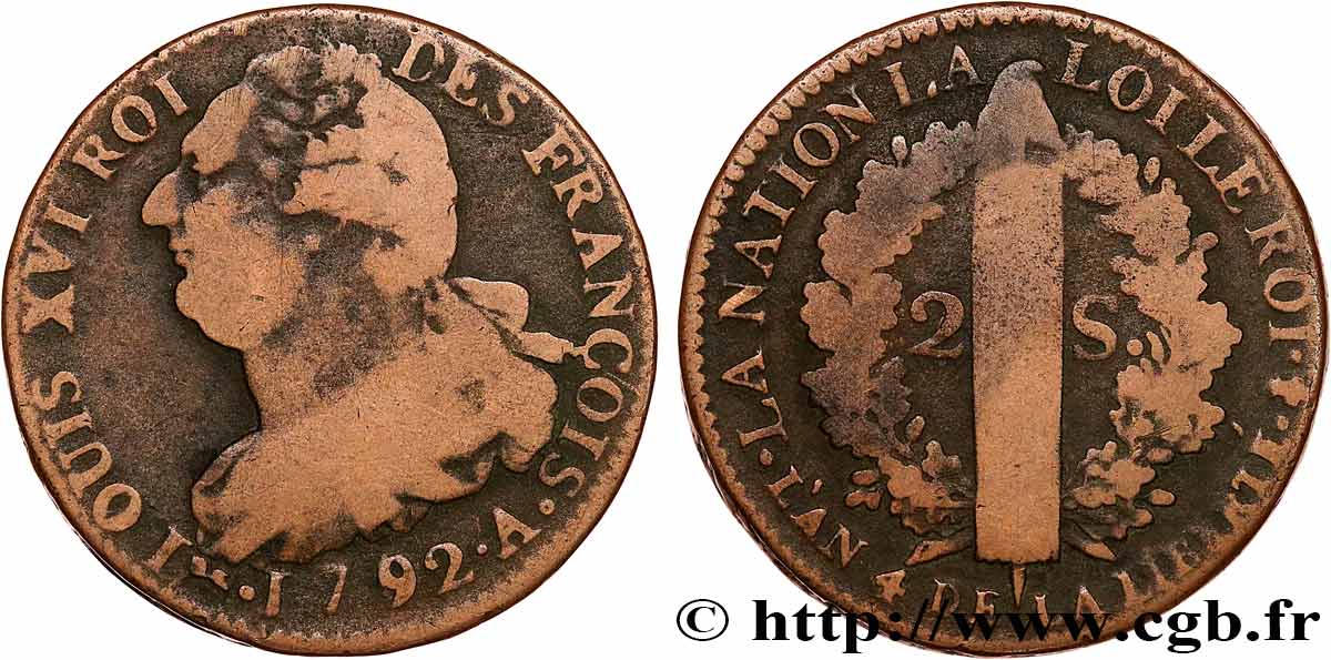 LOUIS XVI 2 sols dit au faisceau , type FRANÇOIS 1792 Paris XF
