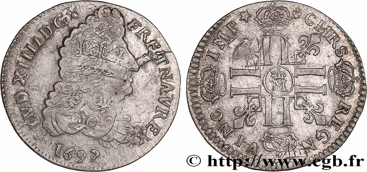LOUIS XIV  THE SUN KING  Quart d écu aux huit L, 1er type 1692 Metz XF/AU