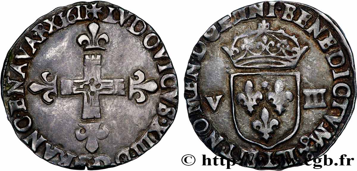 LOUIS XIII  Huitième d écu, à la croix fleurdelisée, titulature côté croix 1611 Bayonne XF