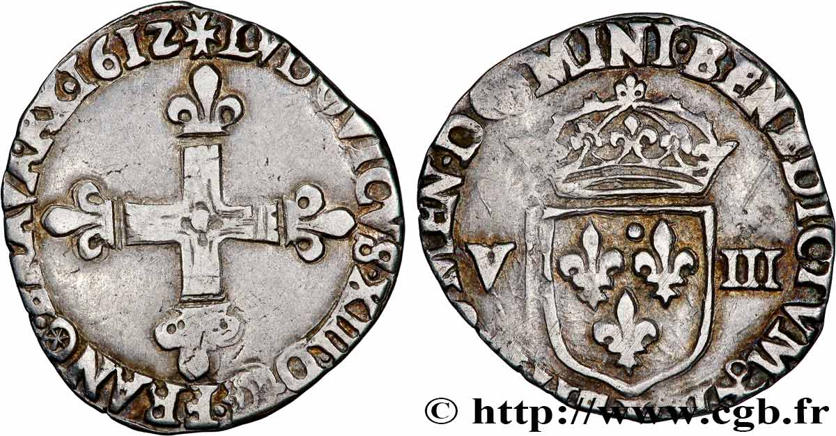 LOUIS XIII LE JUSTE Huitième d écu, à la croix fleurdelisée, titulature côté croix 1612 Bayonne TTB
