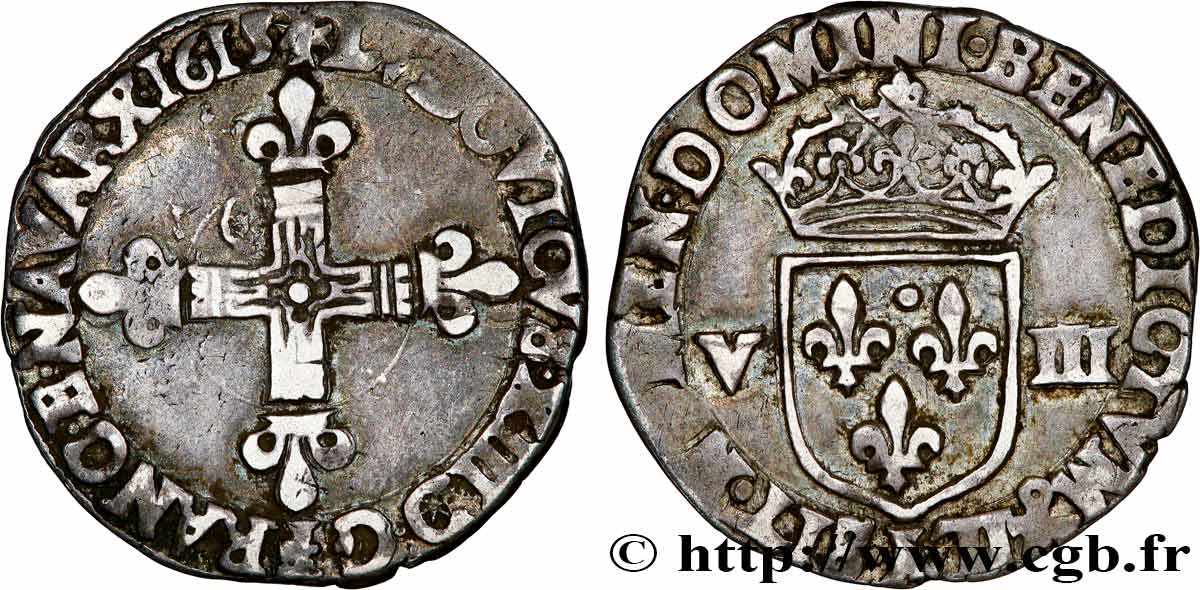 LOUIS XIII  Huitième d écu, à la croix fleurdelisée, titulature côté croix 1615 Bayonne MBC