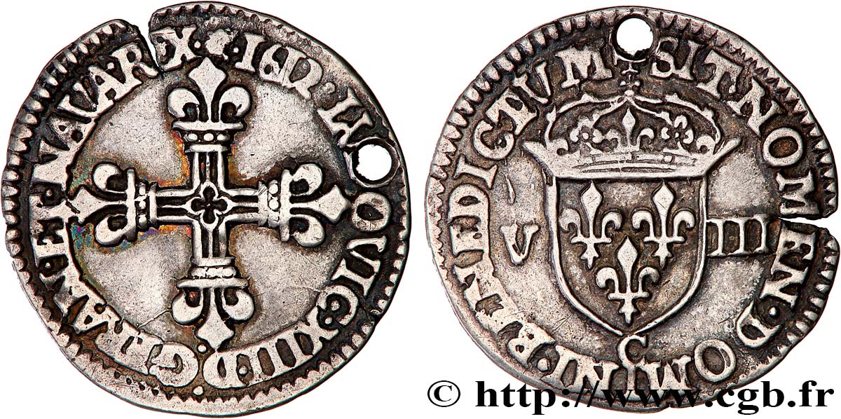 LOUIS XIII  Huitième d écu, à la croix fleurdelisée, titulature côté croix 1612 Saint-Lô BB