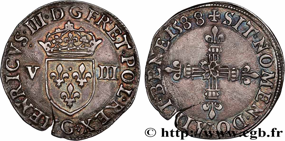 HENRY III Huitième d écu, écu de face 1588 Poitiers AU