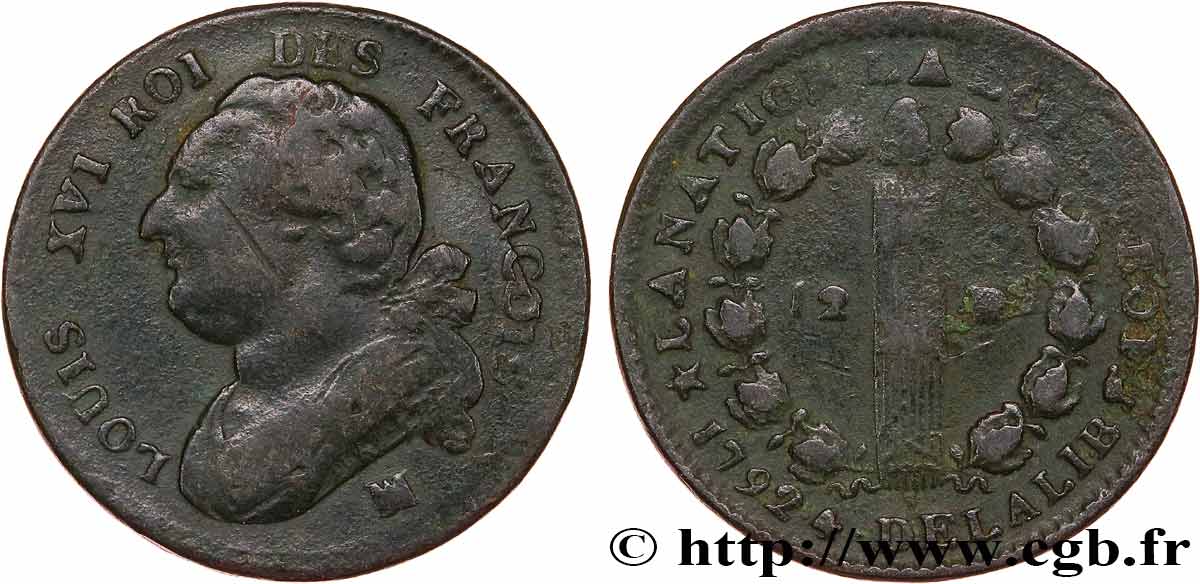LOUIS XVI (MONARQUE CONSTITUTIONNEL) 12 deniers dit au faisceau , type FRANCOIS 1792 Marseille TB