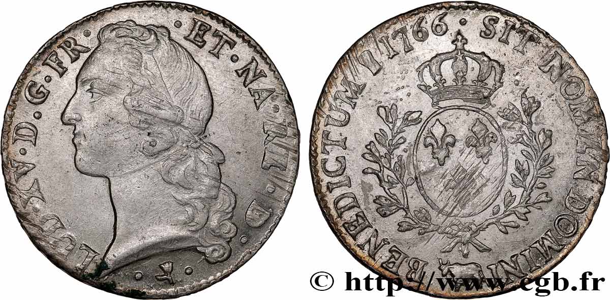 LOUIS XV  THE WELL-BELOVED  Écu aux branches d’olivier, tête ceinte d’un bandeau 1766 Pau MBC+/EBC