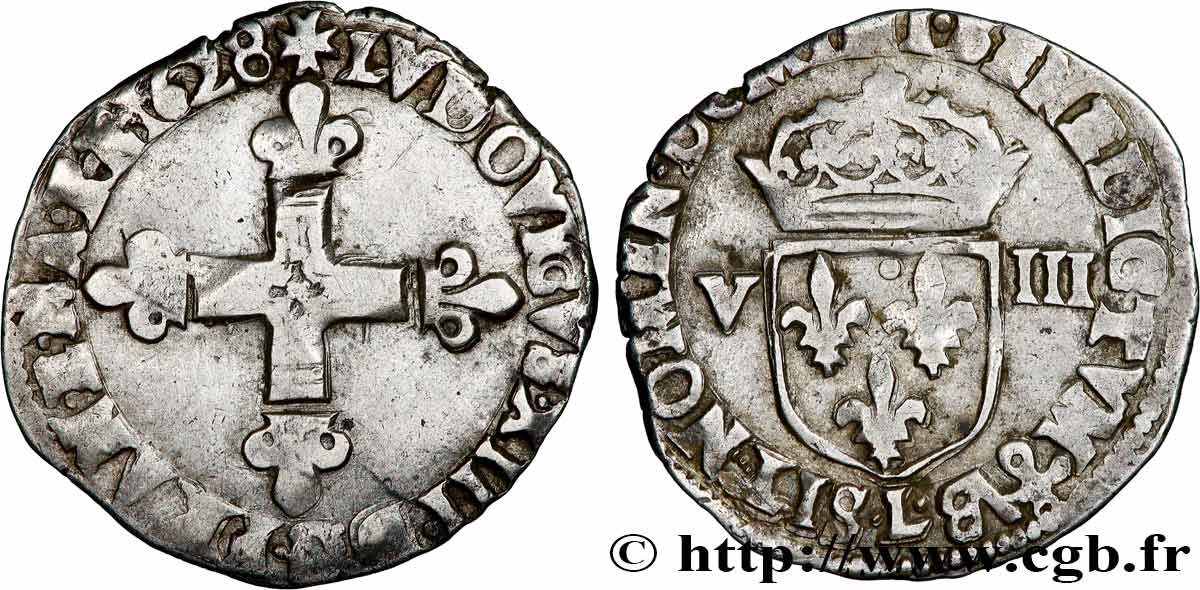 LOUIS XIII LE JUSTE Huitième d écu, à la croix fleurdelisée, titulature côté croix 1628 Bayonne TB+/TTB