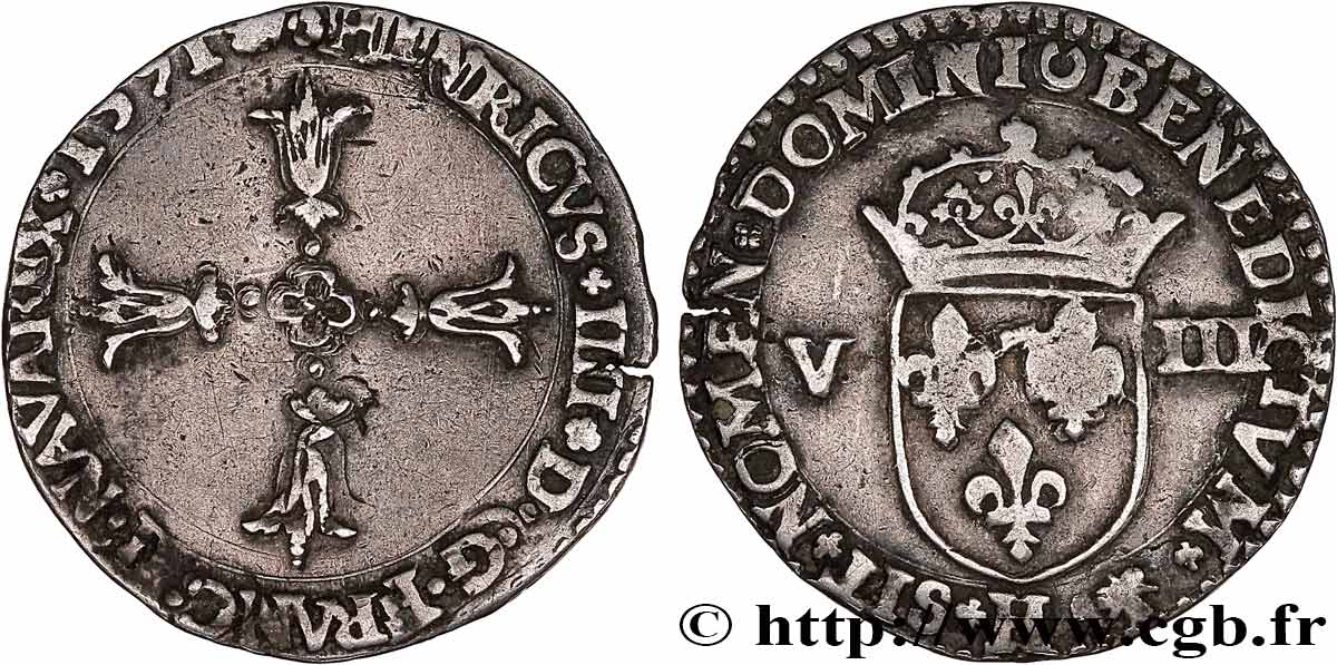 HENRY IV Huitième d écu, croix feuillue de face 1591 La Rochelle XF
