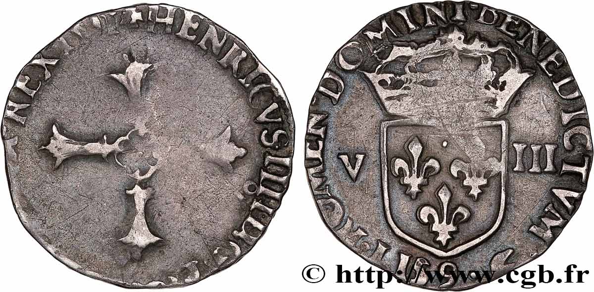HENRY IV Huitième d écu, croix feuillue de face 1591 Rennes VF/VF