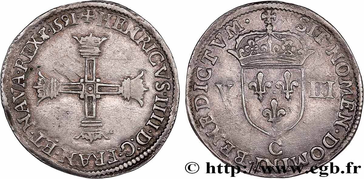 HENRY IV Huitième d écu, croix couronnée de face 1591 Saint Lô MBC