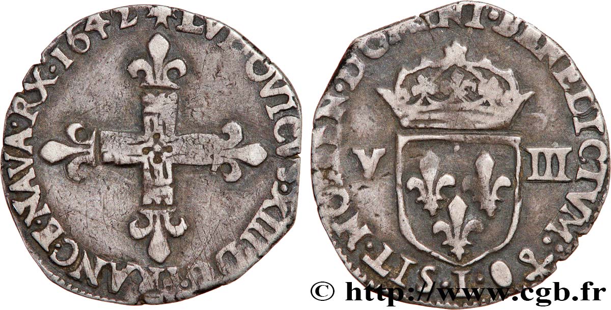 LOUIS XIII LE JUSTE Huitième d écu, à la croix fleurdelisée, titulature côté croix 1642 Bayonne TTB