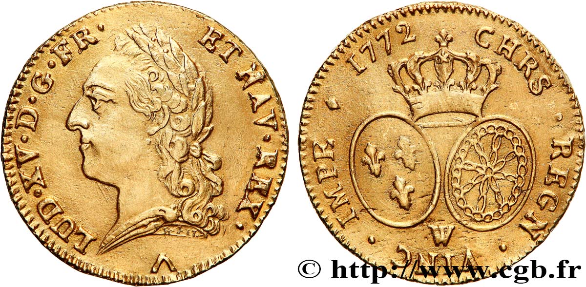 LOUIS XV  THE WELL-BELOVED  Double louis d or aux écus ovales, buste lauré 1772 Lille SPL