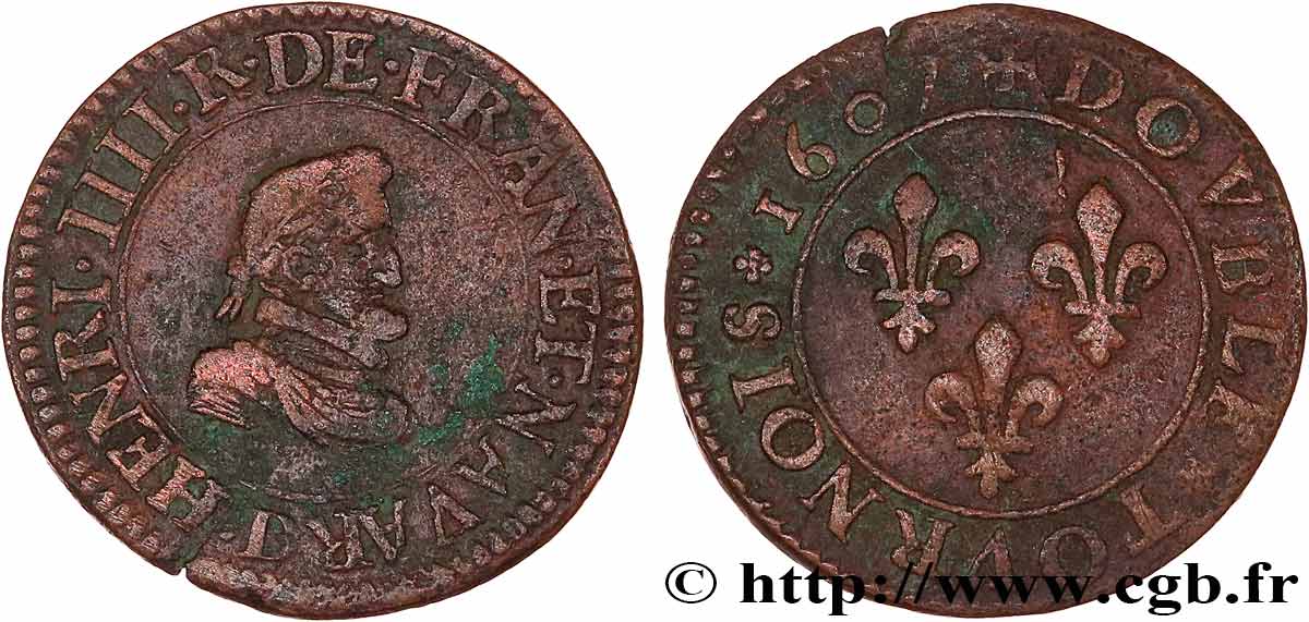 HENRI IV LE GRAND Double tournois, 1er type 1607 Lyon TTB