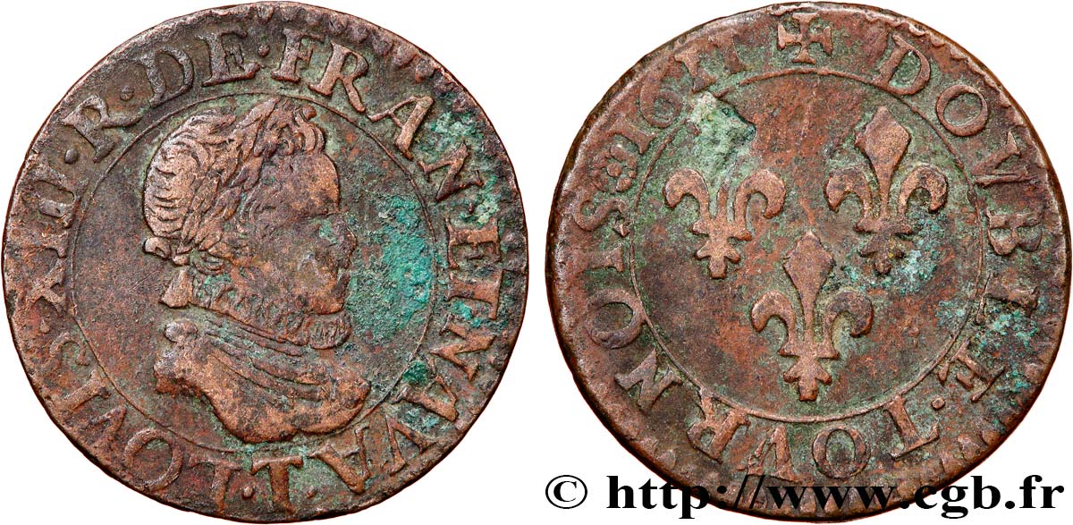 LOUIS XIII LE JUSTE Double tournois 1611 Nantes TB+