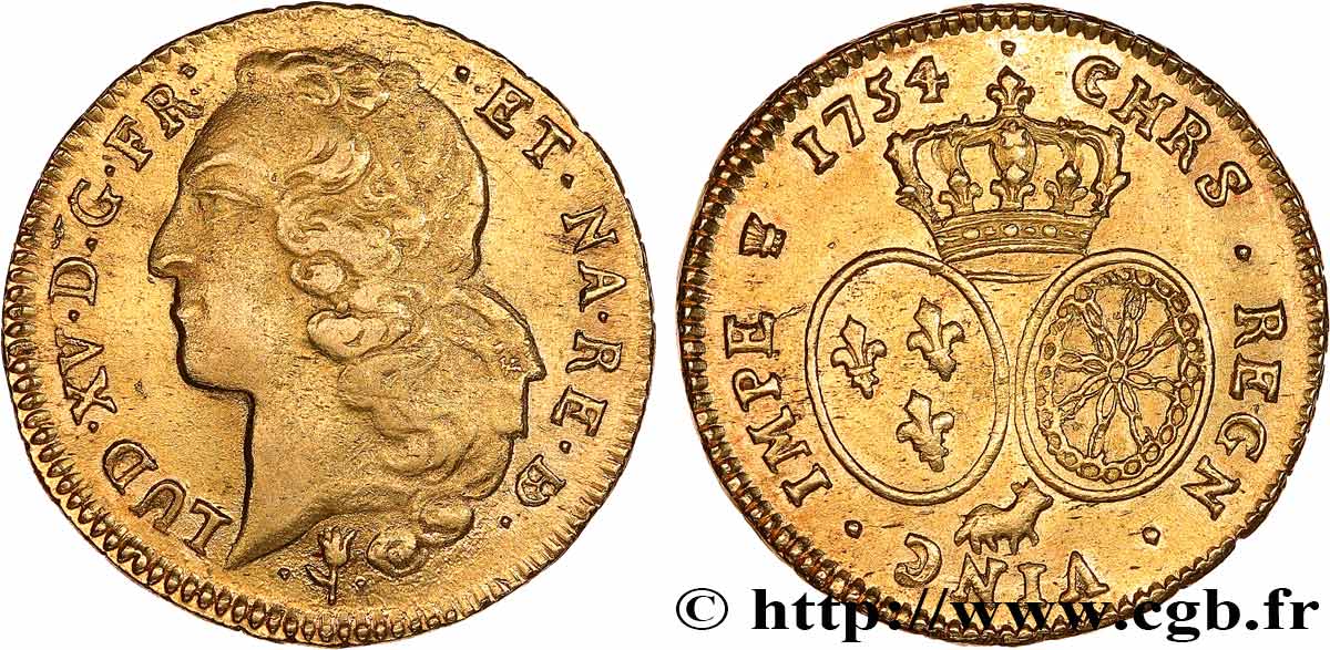 LOUIS XV DIT LE BIEN AIMÉ Double louis d’or aux écus ovales, tête ceinte d’un bandeau 1754 Pau TTB+/SUP